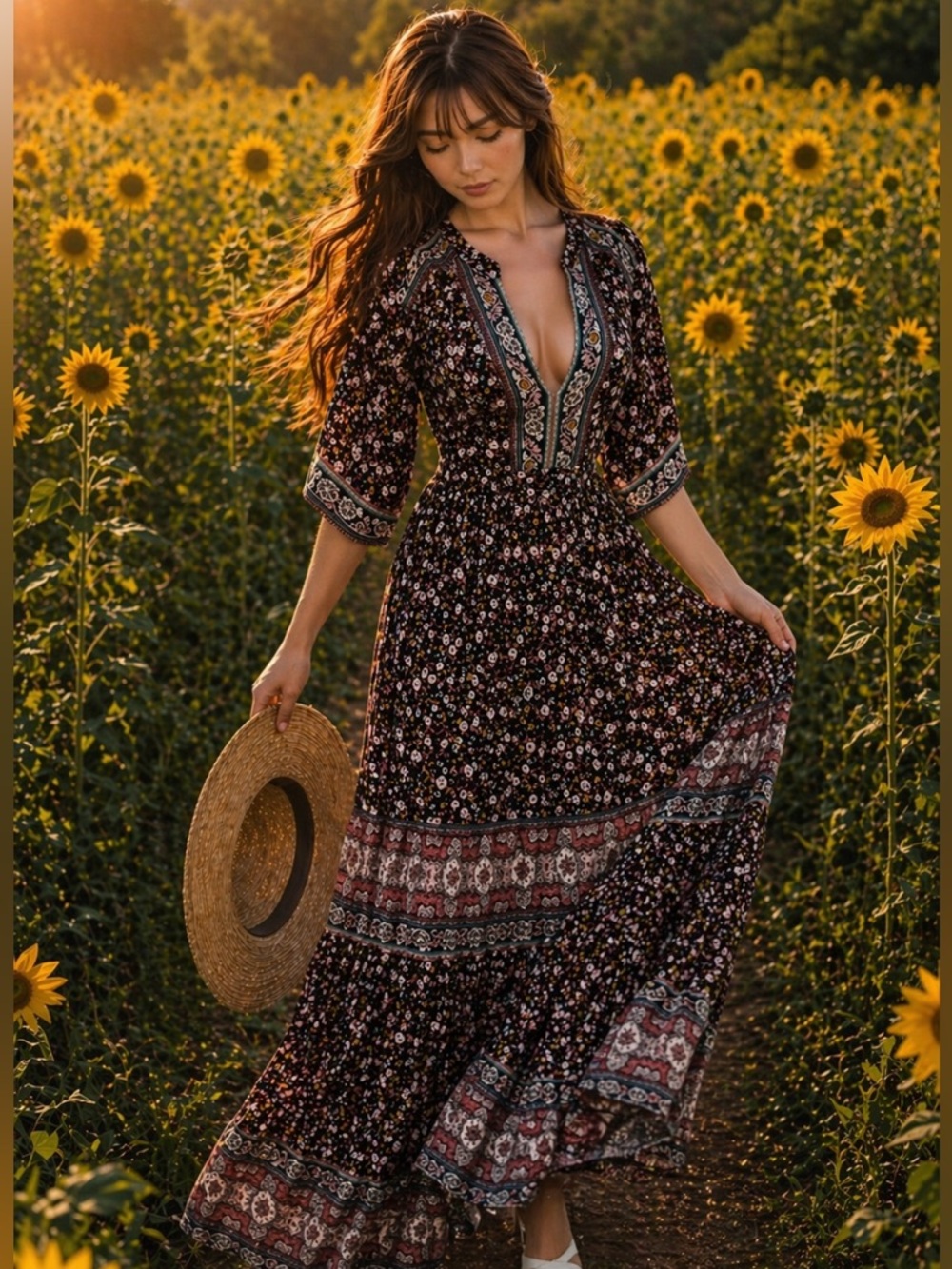 Wandering Into Autumn’s Embrace flowy floral boho kimono maxi dress M